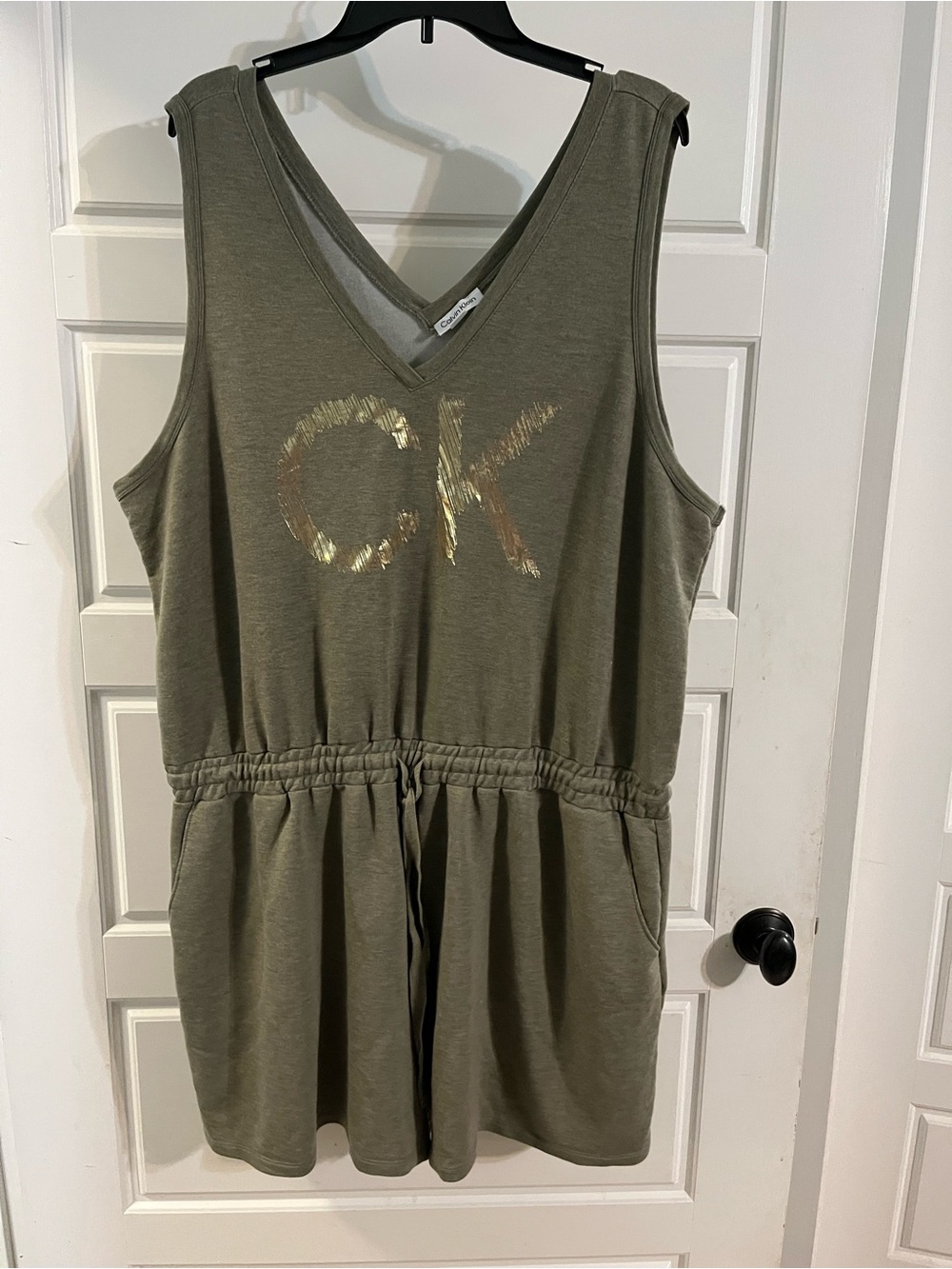 Calvin Klein Olive Green V-Neck Top with Gold Logo Accent